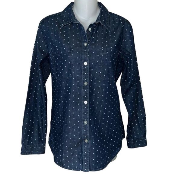 LOFT The Softened Shirt Chambray White Hearts Print Valentine's Day NWOT Small - Picture 2 of 11